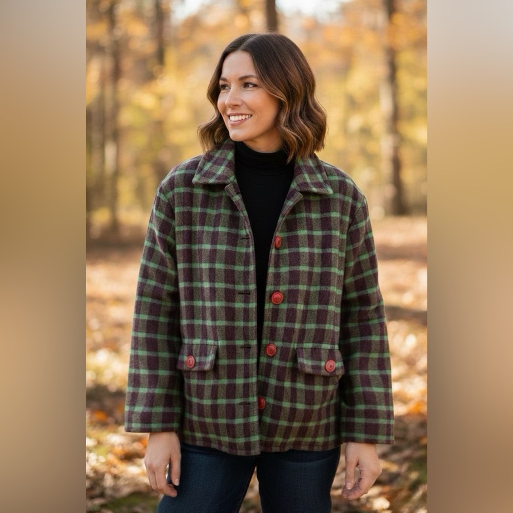 Tonje Vintage 70s Plaid Jacket 100% Wool Green/Brown Size:L/XL